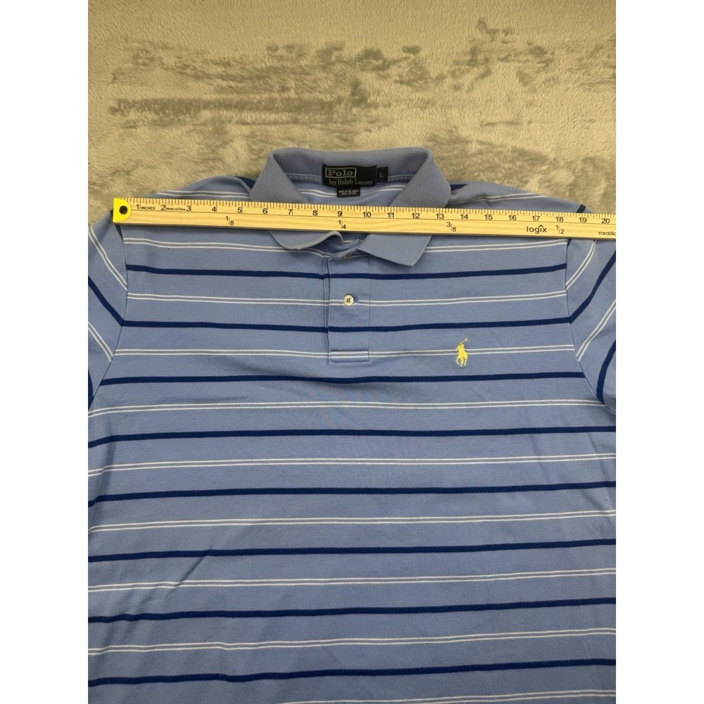 Polo Ralph Lauren Mens L Blue Striped Polo Shirt Yellow Pony Short Sleeve - Picture 10 of 14